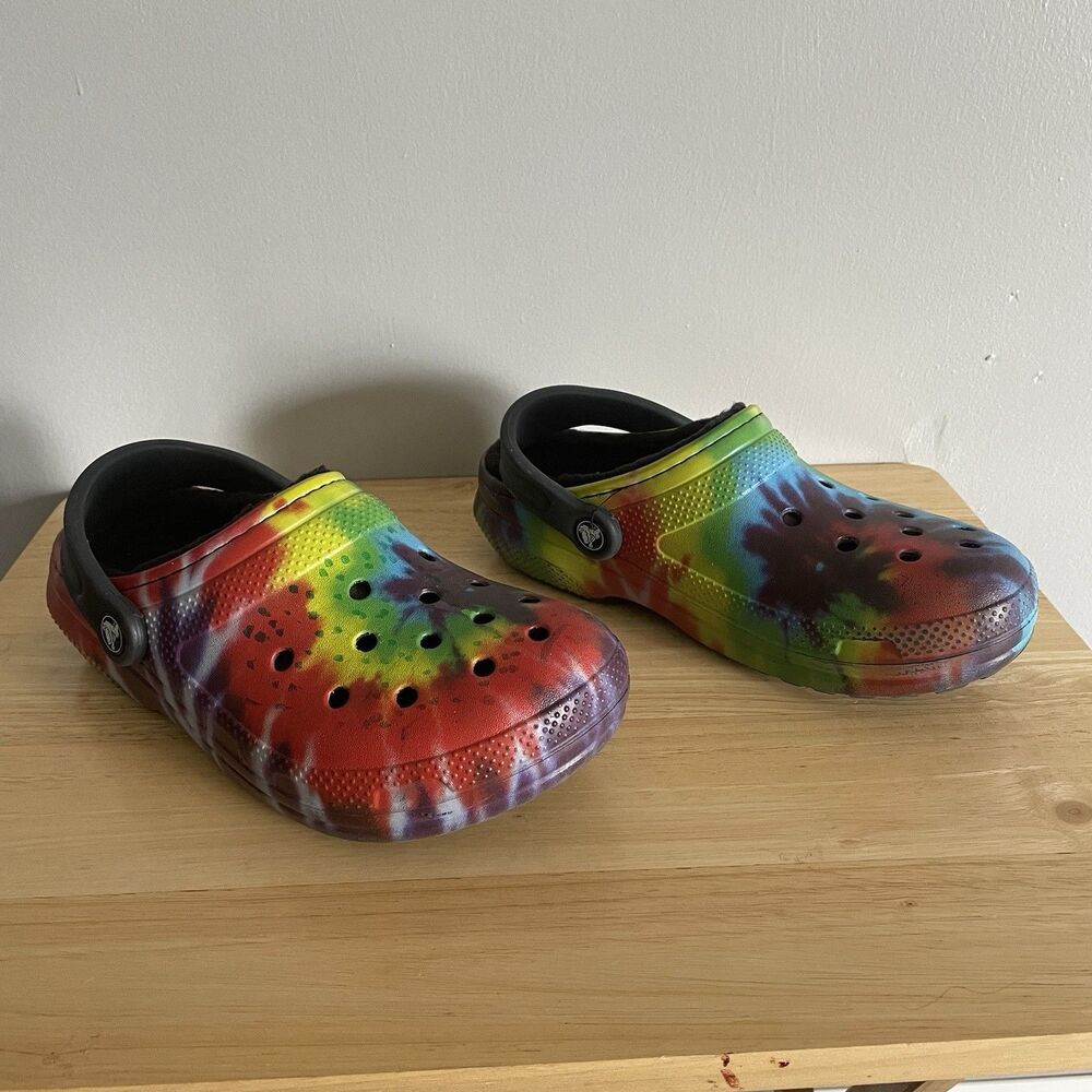 Crocs Classic Tye Dye Multicolor Paint Splat Faux Fur Lined Clogs Men-5 Women-7